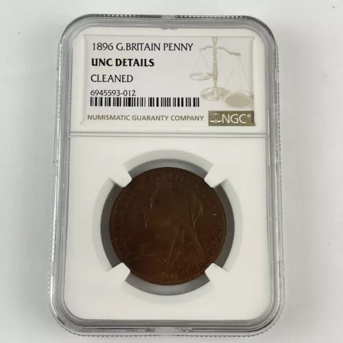 NGC Graded Great Britain Queen Victoria 1896 Penny 1P Coin UNC Details Cleaned