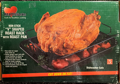 V Roast Rack & Pan - HEALTHWORKS Non-Stick ''V'' Shaped 18 Lb Steel Roaster, Black