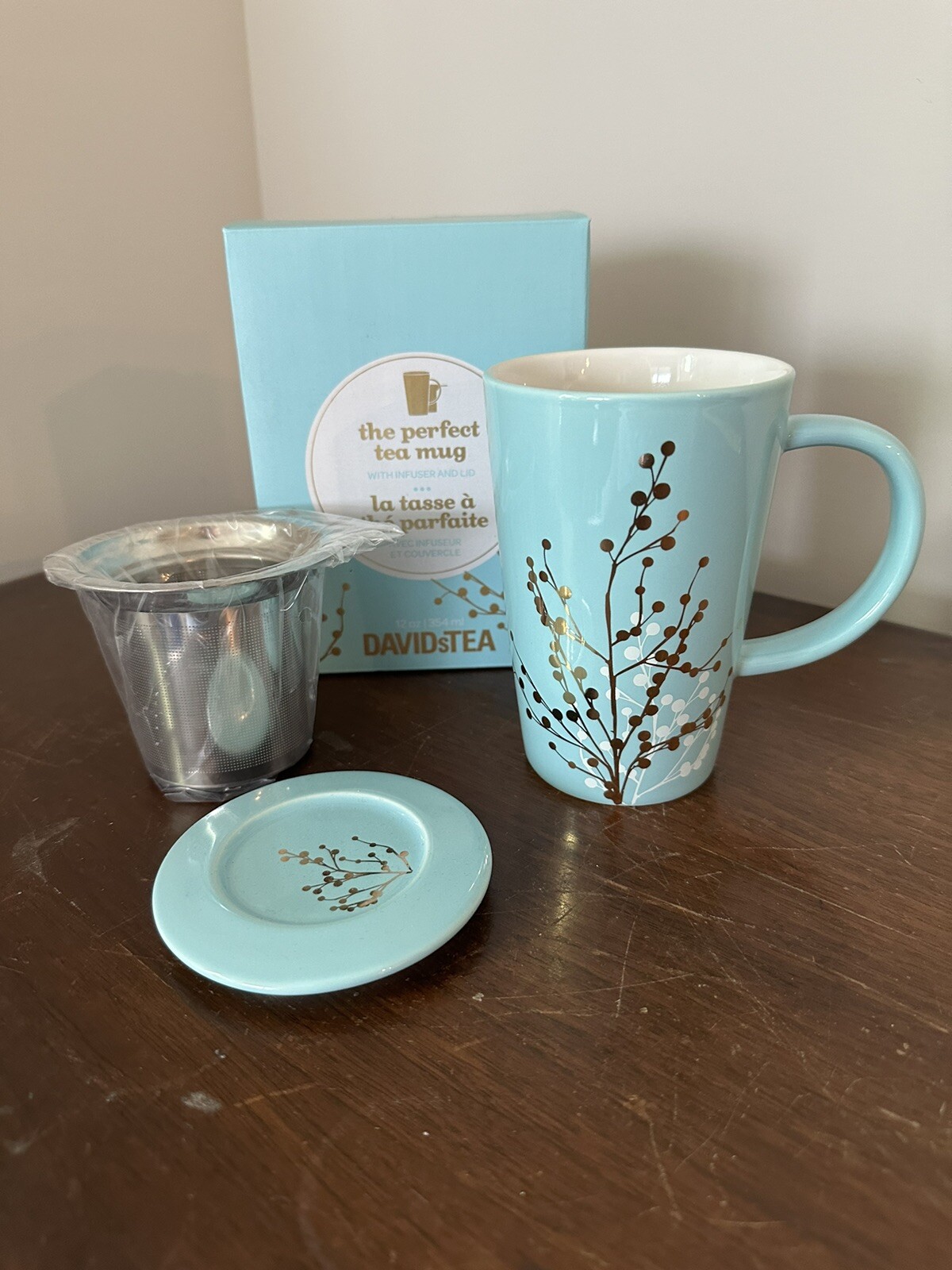David’s Tea The Perfect Tea Mug Infuser Lid Blue And Gold New In Box eBay