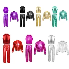 Kids Girls Sweatshirt Top And Trousers Mock Neck Dance Outfit Exercise Stage