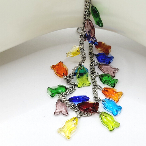 Colorful Glass Fish on a Fishing Line Silver Tone Metal Anklet 10.5 Inch Rare - Picture 9 of 23