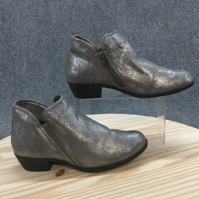 SO Boots Womens 9.5 Meme Pewter Ankle Booties Silver Block Heels Zip Almond