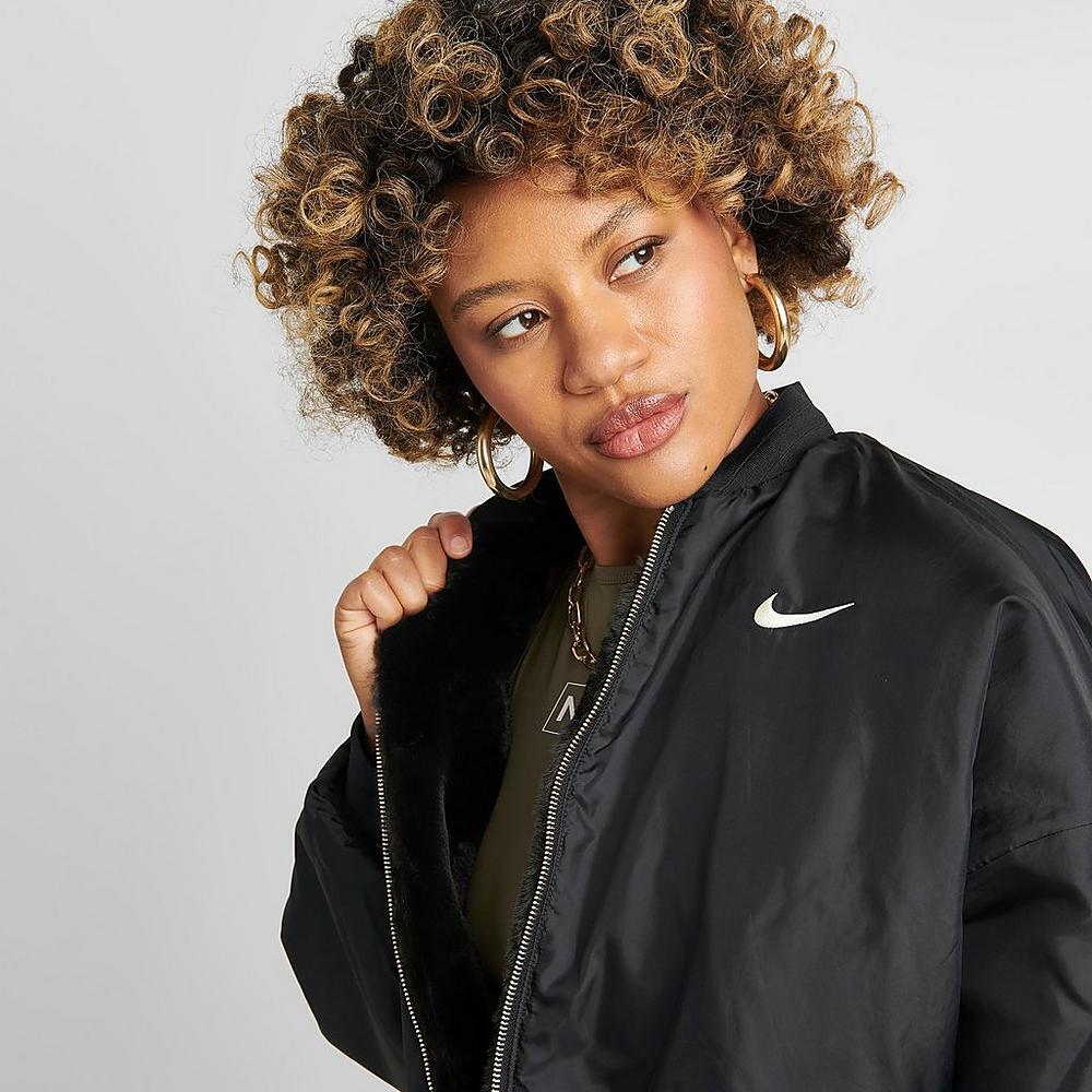 【Nike】 NSW Reversible Faux Fur Bomber Jacket Nike Sportswear Faux Fur Black Reversible Bomber Jacket | Zumiez