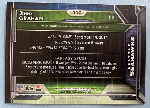 2015 Topps Football Fantasy Favorites #307 Jimmy Graham - Seattle Seahawks - Picture 2 of 2