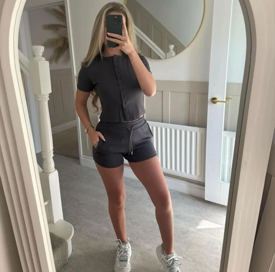 Womens Molly Shorts Set Ladies Ribbed Button Top Tracksuit Co-Ord Lounge Wear - Image 3 of 4