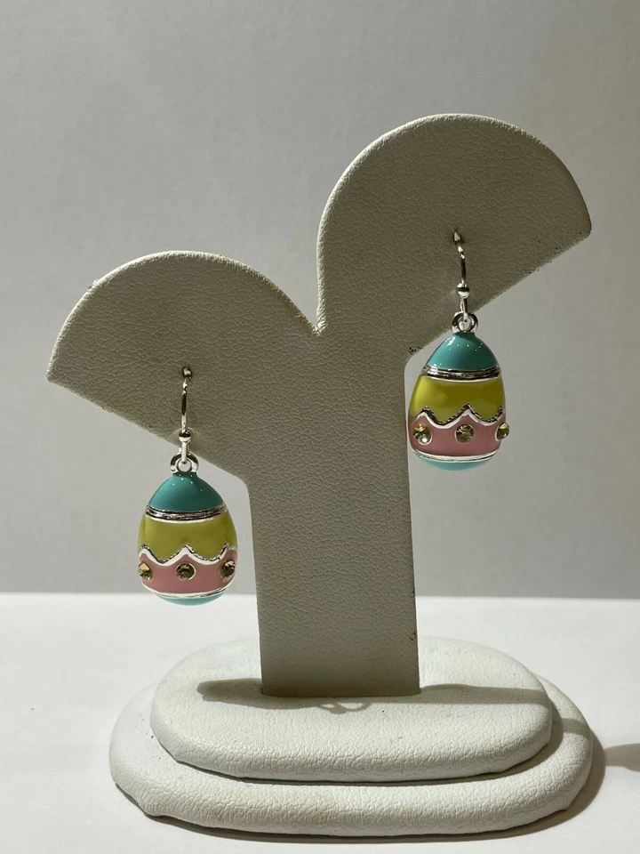 Nwt Rosa Pastello Giallo Smalto Strass Pasqua Uovo Argento Orecchini a Bottone - Immagine 2 di 4