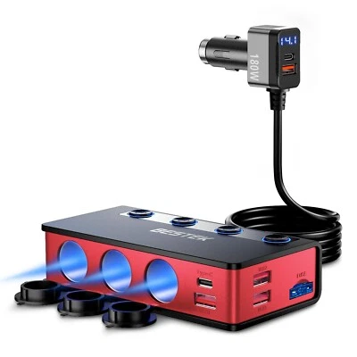 BESTEK 180W 9 in 1 Cigarette Lighter Splitter Adapter with PD 65W and QC3.0 18W