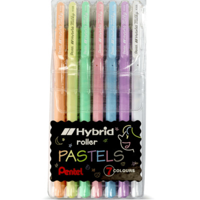 NEW 7 Pack Pentel Hybrid Gel Grip Pens Roller Milky Pastel 0.8mm Wallet