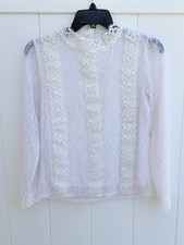 Ivory Lace Mock Neck Blouse with Lace Accents Lined, Sheer Lace Sleeves Medium