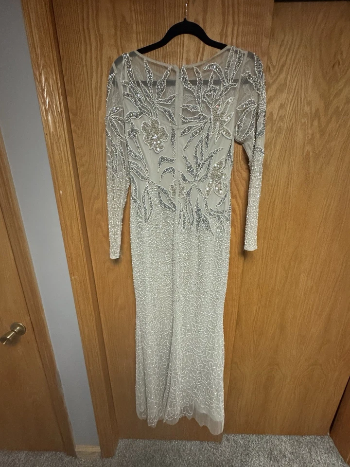 ADRIANNA PAPELL Beaded Scoopneck Illusion Long Sleeve Sheath Dress SZ 4. Wedding - Image 2 of 4