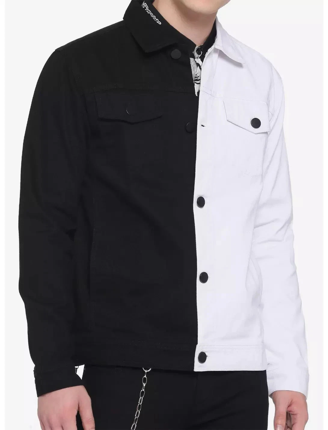 New Hot Topic Black & White Split Denim Jacket-Heavy Weight