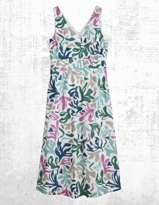 Women s Seasalt Sleeveless Dress Cotton V Neck Zip Sky Chalk Leaves Mix