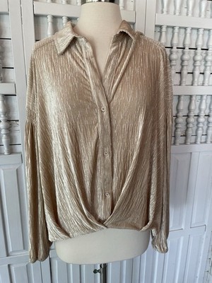 Skies Are Blue women's large tan high low pleated casual career travel blouse M3