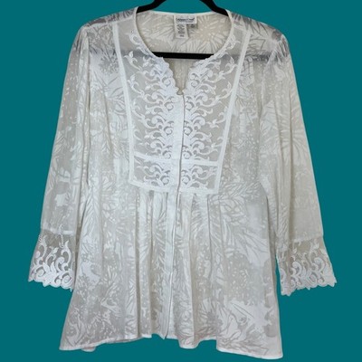 Coldwater Creek Size P Large Blouse White Floral Burnout Embroidered Lace Boho