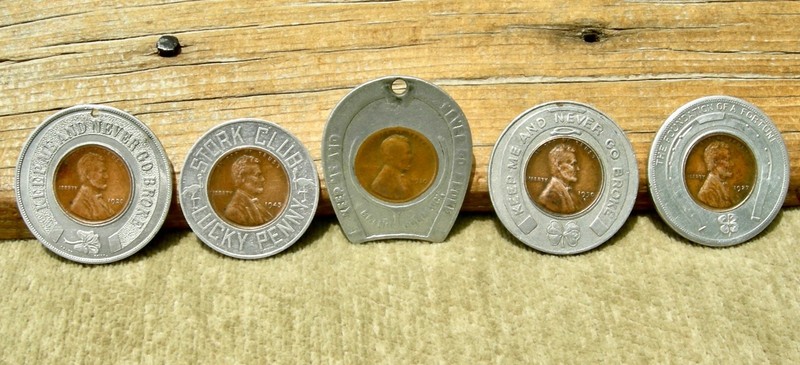 5 pc WHEAT EAR ENCASED CENTS 1920 1927 1930 STORK CLUB, REXALL, LUCKY COIN CLUB