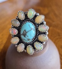 Southwestern Opal And Turquoise Sterling Silver Statement Ring 15.5 Grams