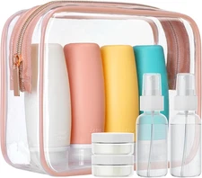 TSA Approved Toiletry Bag with Bottles - Travel Essentials 8 Pack Leakproof 3.4o