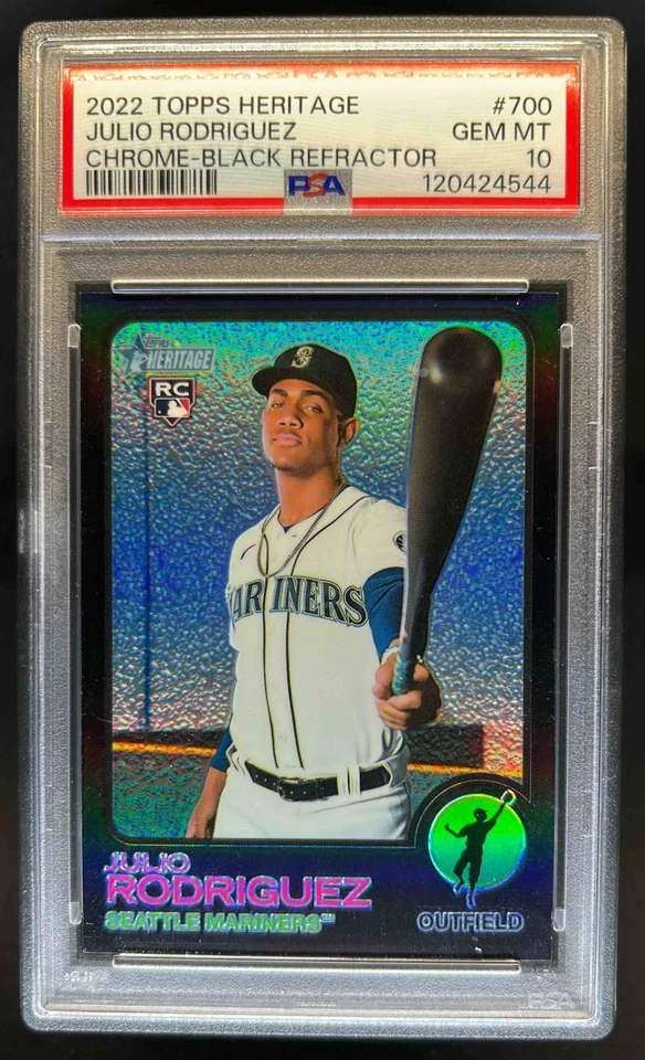 Topps Heritage Julio Rodríguez 2022 cromo radiocontrol refractor de borde negro #/73 PSA 10