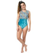 GK Elite VTG Crushed Velvet Interlocking Squares Colorblock Tank Leotard AL Teal