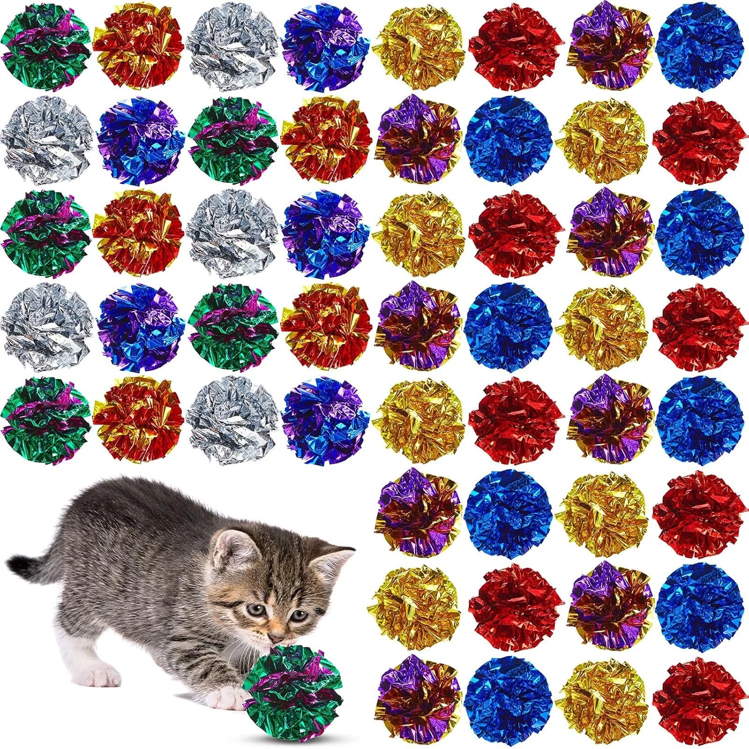 Jexine 104 Pcs Cat Crinkle Ball Bulk Cat Toys 1.69'' Polyester Film Kitten Balls