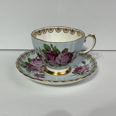EB Foley 1850 Teacup Saucer Light Blue Floral Bone China England Gold Trim (f2)