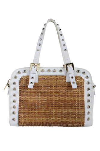 Fendi Womens Zip Top Studded Leather Trim Wicker Top Handle Handbag White Brown
