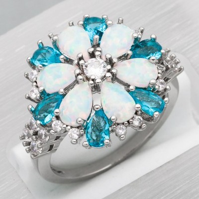 Simulated Blue Topaz 4x6 White Fire Opal CZ Silver Jewelry Cluster Ring SZ 7 8 9