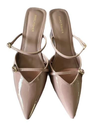 Marc Fisher Beige Patent Leather Strappy Pointed Toe Block Heel Buckle Shoes