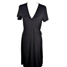 Old Navy Faux Wrap Dress Black V-Neck Short Sleeve Stretch Rayon Size Medium EUC