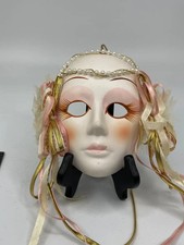 Vintage Venetian Mardi Gras Ceramic Wall Mask Lady Face Pink Gold Home Decor Art