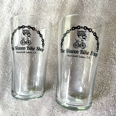 Maven Bike Shop Pint Glasses Pair (2) Mammoth Lakes RARE Vintage BRAND NEW