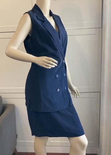 NWT Vtg 90s Hugo Buscati Victoria's Secret Sz 8 Navy Blue Sleeveless Skirt Suit - Picture 1 of 10