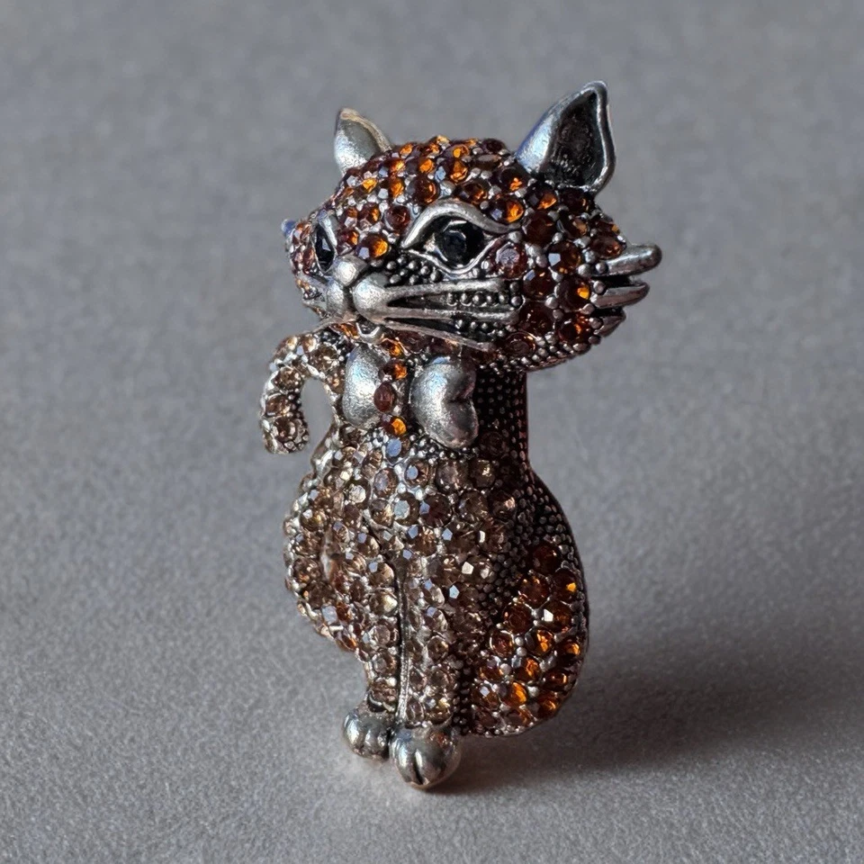Broche Gato Vintage Marrón Estrás Tono Plata Figura Gatito Prendedor Foto 2 de 4