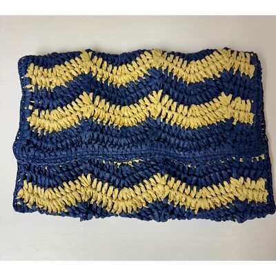 Woven Straw Blue & Tan Chevron Print Clutch