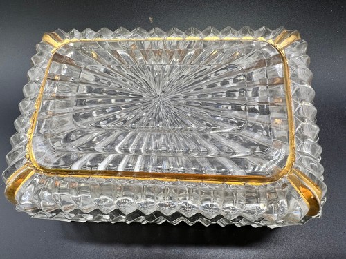 Caja de baratijas plato caramelo 1950 borde diente de sierra corte vidrio transparente tapa dorada 5 X 3" - Imagen 8 de 9