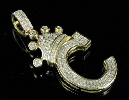 2Ct Lab Created Diamond C Initial Letter King Crown Pendant 14k Yellow Gold Fn - Imagen 2 de 3