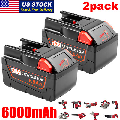 2pack 6.0Ah For MILWAUKEE For M28 Lithium Battery 28V 48-11-2830 48-59-2819 LED 