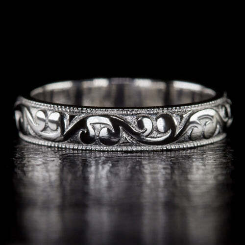 VINTAGE STYLE ENGRAVED WEDDING BAND 4mm STACKING RING ETERNITY 14K WHITE  GOLD