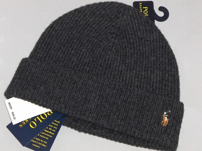 POLO RALPH LAUREN Men's Wool Rib Knit Pony Beanie Hat, Ski Cap, CHARCOAL GRAY