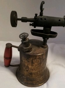 Vintage-Antique-Brass-Blow-Torch-with-Wood-Handle