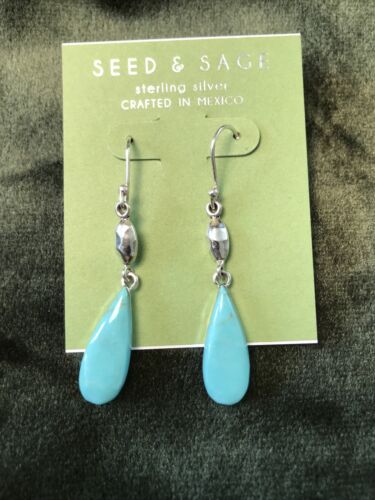 Seed & Sage Sterling Silver .925 Turquoise Drops Earrings Mexico Brand New - Afbeelding 1 van 3