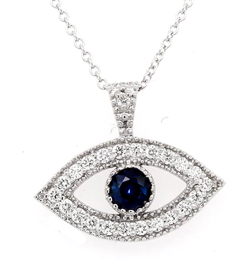 0.60ct Natural Round Diamond Blue Sapphire 14k Solid White Gold Evil
