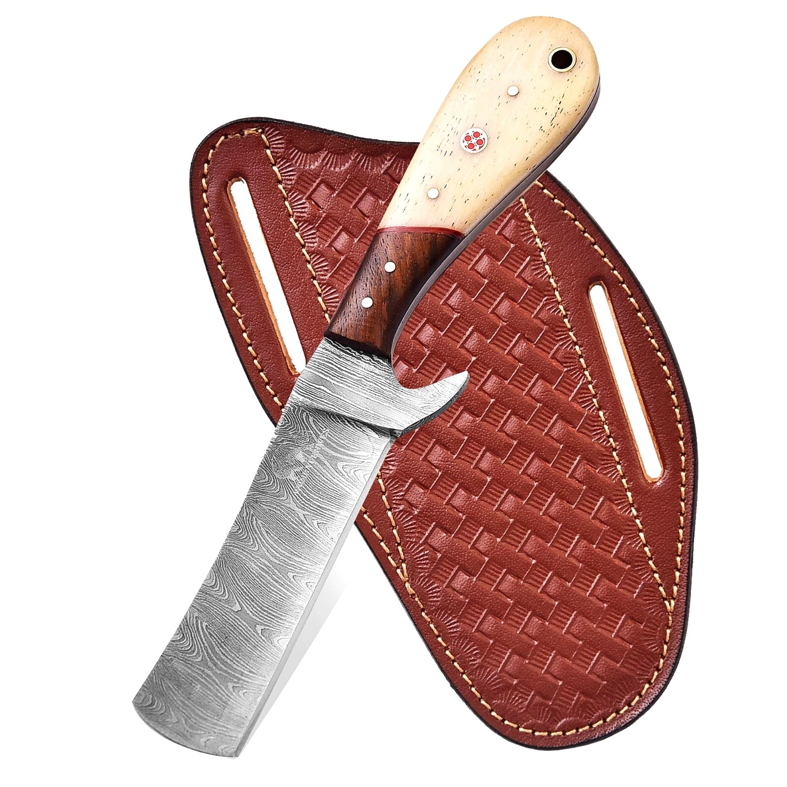 Handmade Damascus Steel Cowboy Bull Cutter Knife with Cross Draw Leather Sheath