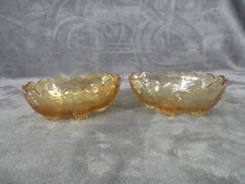 Jeanette Glass Louisa Floral Amber Gold 4-Toed Oval Candy Dish Iridescent 2 Pc