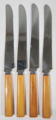(4) Vtg Sta-Brite Butter Knives Stainless Steel Butterscotch Bakelite Handle