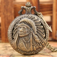 Men Women Antique Retro Indian People Quartz Pocket Watch Chain Bronze Watches