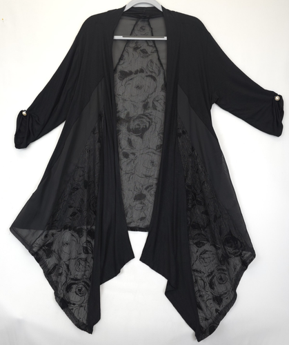 Cardigan aperto Lavanya orlo asimmetrico trasparente metallizzato donna 1x nero boho festivo - Foto 12 di 12