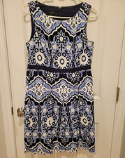 Talbots Blue and White Fit and Flare Sleeveless Dress, Size 10P