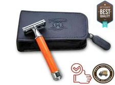DE Safety 2 Piece Men's Shaving Razor In Orange & Leather Pouch | Gift For Men