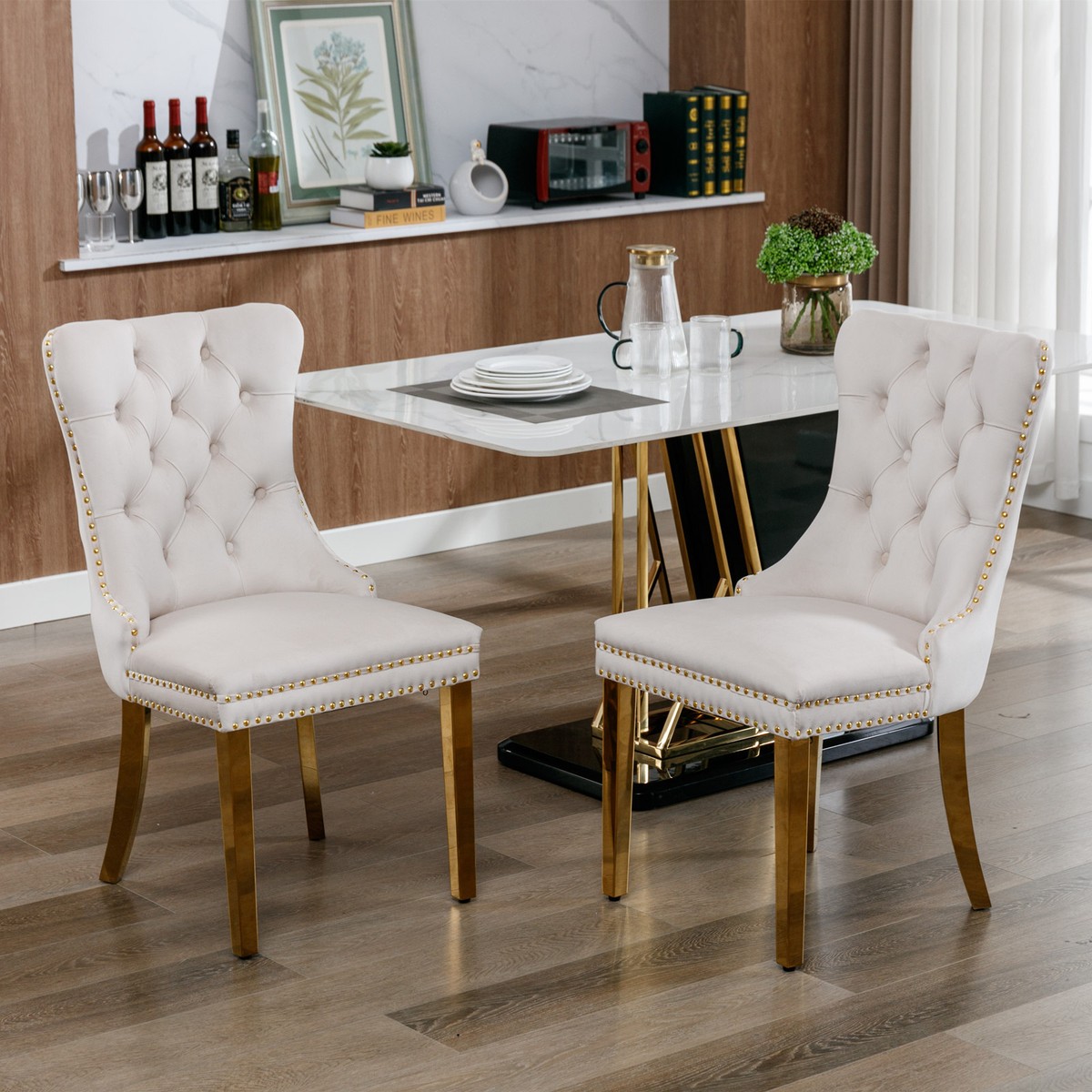 【ULLALA】Seiney Nasi Two Piece Beige 2 Set Beige Velvet Dining Chairs Kitchen Side Chairs Gold
